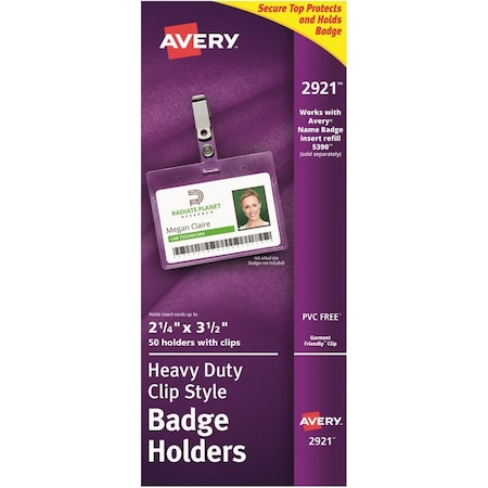 Avery Badge Holder w/ Clip, Landscape, 2-1/4"x3-1/2" Badge, 50/BX, CL PK AVE2921